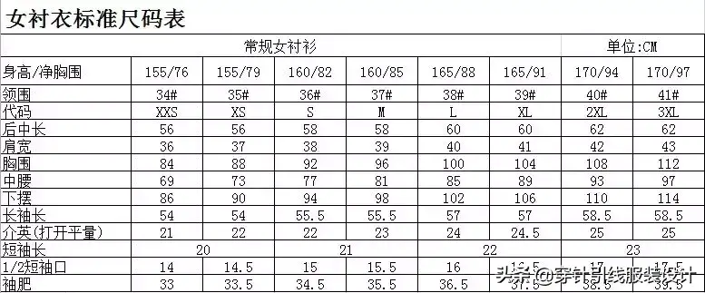 女衬衫规格尺寸表_女衬衫标准尺寸（图片）